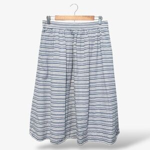 J. Crew Midi Skirt Blue White Stripe Seersucker Stretch Waist Pockets Size 10